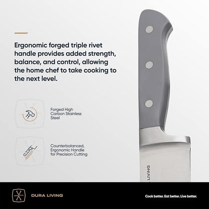 DURA LIVING 8 Inch Professional Chef Knife – High Carbon Stainless Steel, Razor-Sharp, Versatile Cooking & Cutting Kitchen Knife, Ergonomic Handle, Sleek Gray Design