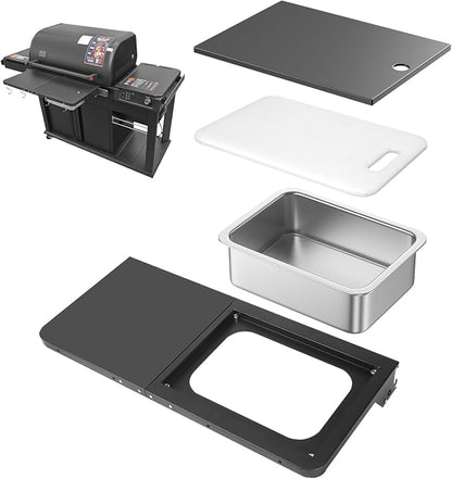 Utheer Upgraded Folding Front Shelf for Traeger Woodridge Pro, Woodridge Pro Plus, Woodridge Elite & Ironwood/Ironwood XL Pellet Grill, 28" BBQ Prep Table with Cutting Board, Basin & 4 Hooks