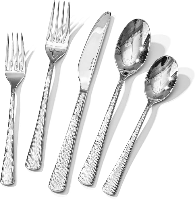 KINGSTONE Hammered Silverware Set, 40-Piece Flatware Set, 18/10 Stainless Steel Premium Cutlery with Unique Ripple Handles Design Mirror Polished - Dishwasher Safe