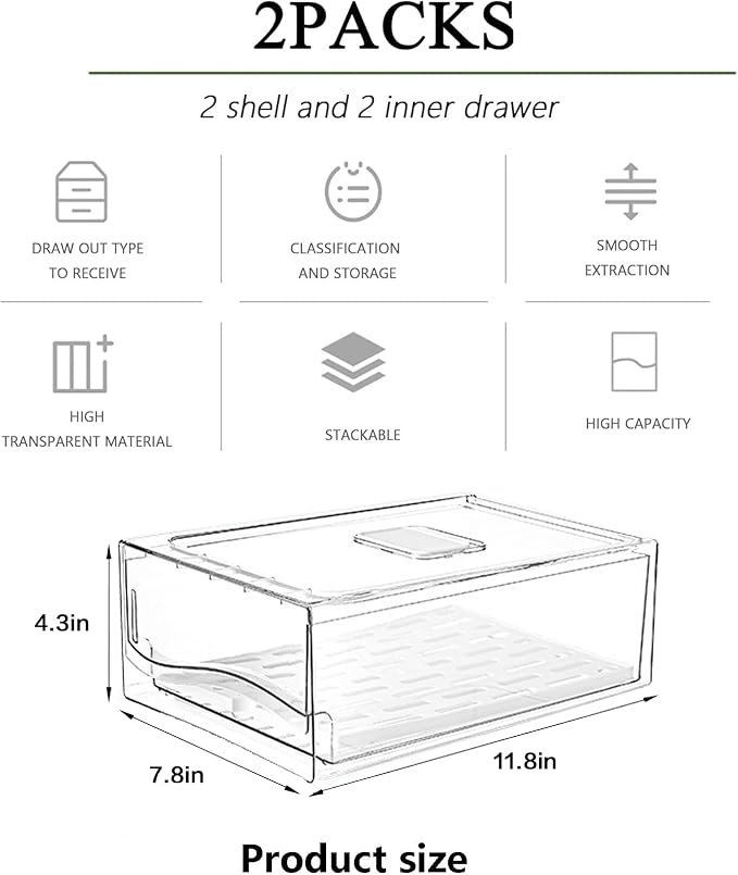 2 Pack Large Capacity Refrigerator Organizer and Storage, Fruit Storage Containers,Stackable Fridge Storage Containers for Drinks, Meat,Vegetable,Produce,Kitchen, Barbecue Shop, Restaurant, BPA-Free