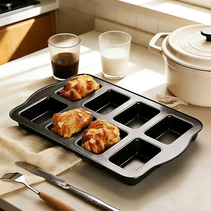 Non-Stick Mini Loaf Pans, 2 PCS 8-Cavity Carbon Steel Small Bread Pans Mini Banana Bread Pan for Baking Cheesecake Muffins Cornbread Small Meatloaf Pound Cake