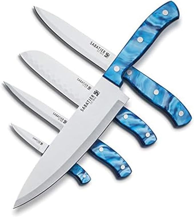Sabatier 6- Piece Triple Rivet Stainless Steel Kitchen Knife Set, Razor-Sharp Kitchen Knife to Cut Fruit, Vegetables and more, High-Carbon Stainless Steel, Blue Acrylic Handles