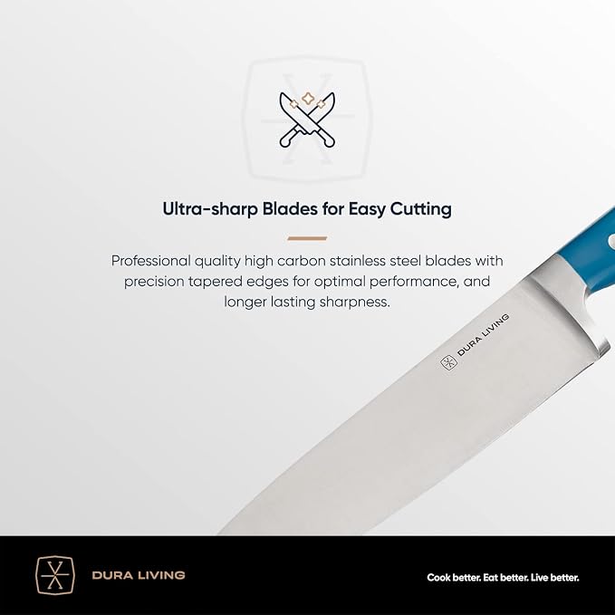 DURA LIVING 8 Inch Professional Chef Knife – High Carbon Stainless Steel, Razor-Sharp, Versatile Cooking & Cutting Kitchen Knife, Ergonomic Handle, Sleek Royal Blue Design