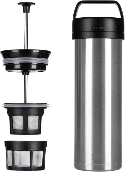 ESPRO Go P0 Ultralight French Press Coffee Maker for Travel, Vacuum Insulated Stainless Steel, 16 Ounces, Brushed Stainless Steel