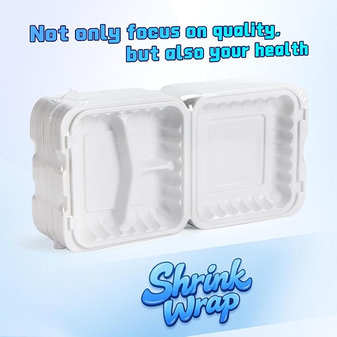 YANGRUI 65-Pack 30oz 7.8" White Meal Prep Box - Shrink Wrapped No Pre-Wash | 3-Compartment Heavy Duty Mineral PP, Microwave & Freezer Safe | Reusable Portion Control Lunch Containers for Party & Picnic