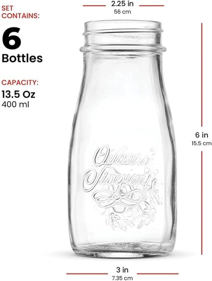 Bormioli Rocco Quattro Stagioni Bottles (Set of 6) - 13.5 Oz. Clear Glass with Twist Lids for Food Preserving, Beverage Serving, Homemade Gifts, Sauces & Infused Drinks - Airtight, Made in Italy