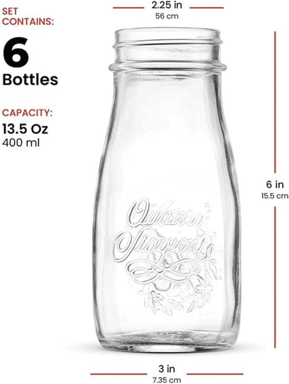 Bormioli Rocco Quattro Stagioni Bottles (Set of 6) - 13.5 Oz. Clear Glass with Twist Lids for Food Preserving, Beverage Serving, Homemade Gifts, Sauces & Infused Drinks - Airtight, Made in Italy