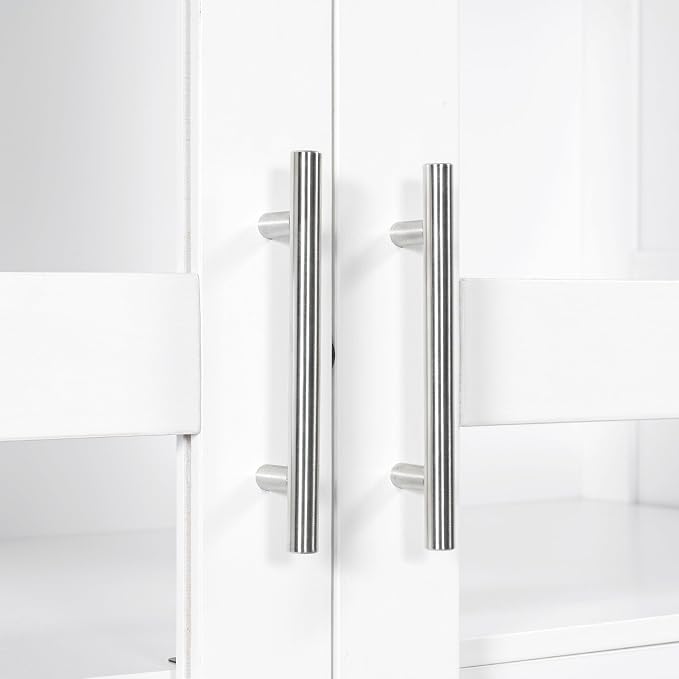 VilroCaz 75'' Tall Kitchen Pantry, Wood Freestanding Kitchen Storage Cabinet Display Cabinet with Glass Doors and 4 Built-in Drawers for Living Room Home Office (White-6.21)