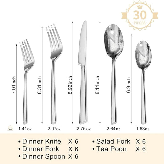 KINGSTONE Silverware Set, 30-Piece Forged Flatware Set Cutlery Set Premium Stainless Steel, Service for 6, for Kitchen, Home, Wedding, Party, Mirror Polished and Dishwasher Safe