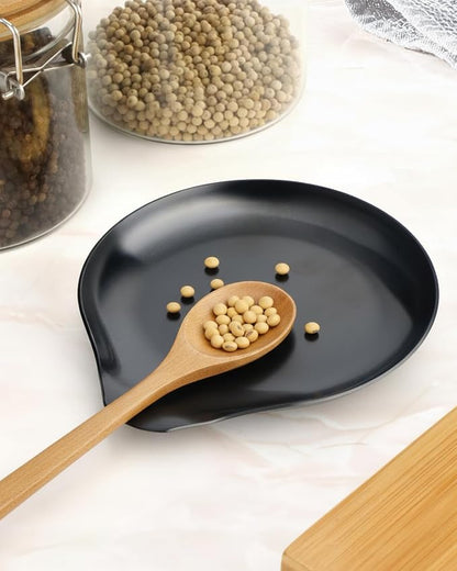 VanlonPro Stainless Steel Spoon Rest, Spatula Ladle Holder, Stainless Steel Utensil Spoon Rest Holder, Brushed Finish, Dishwasher Safe 5.9 x 5.1 Inch (Round Black 1PC)