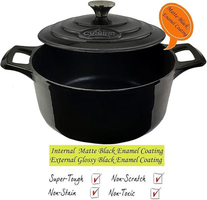 La Cuisine Enameled Cast Iron Dutch Oven Casserole Dish Pot with Lid 5 QT 10 Inches Dia. Matt Black Enamel Coating Interior, Glossy Black Exterior, Oven-Safe, Induction Cooktop Compatible