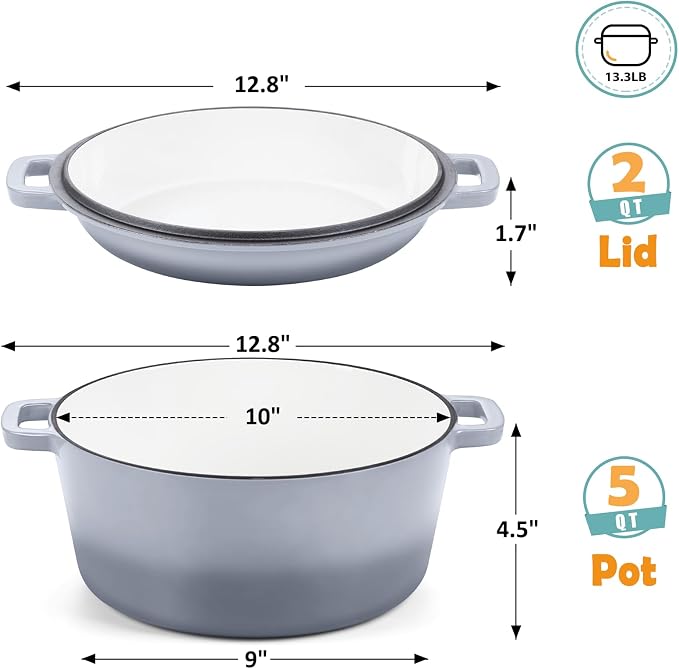 TeamFar 5 Quart Enameled Cast Iron Dutch Oven, 2-In-1 Dutch Oven Pot Cookware with Skillet Lid for Bread Baking Braising Stewing Roasting, Sturdy & Nonstick, Oven Safe & Fit for Induction (Grey)
