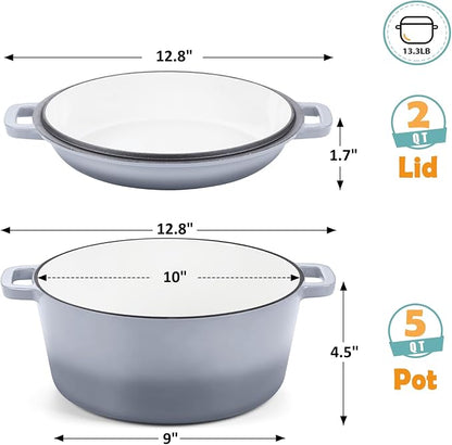 TeamFar 5 Quart Enameled Cast Iron Dutch Oven, 2-In-1 Dutch Oven Pot Cookware with Skillet Lid for Bread Baking Braising Stewing Roasting, Sturdy & Nonstick, Oven Safe & Fit for Induction (Grey)