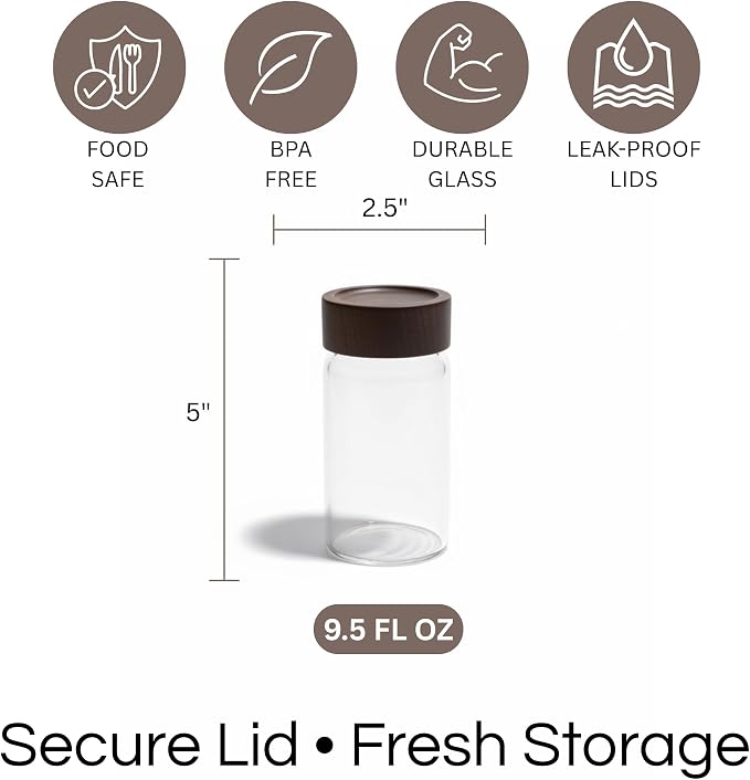 Wide Mouth Glass Storage Jars With 2.5" Acacia Wood Lids - 6 Pack of 9.5 Oz Food Storage Containers - Borosilicate Glass Canisters Sets For Kitchen - Pantry Organizers and Storage for Rice Coffee