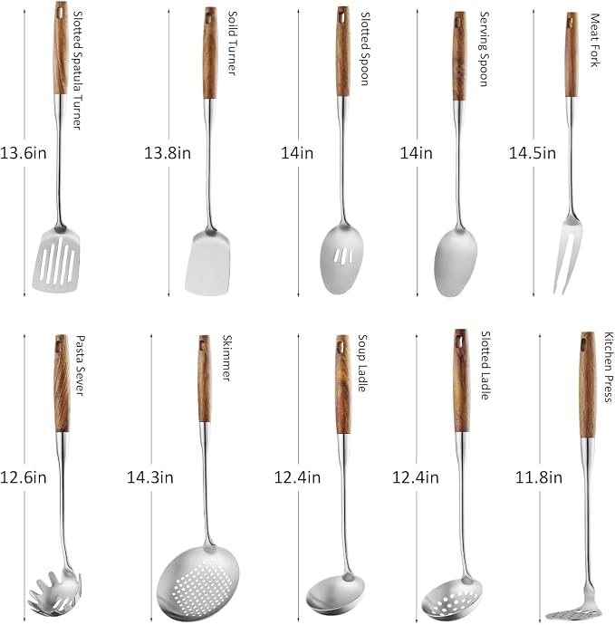 10 Pcs Cooking Utensils Set 304 Stainlss Steel Kitchen Utensils Set Heat Resistant Wooden Handle Kitchen Tools Metal Kitchen Utensil Soup Ladle Set, Dishwasher Safe