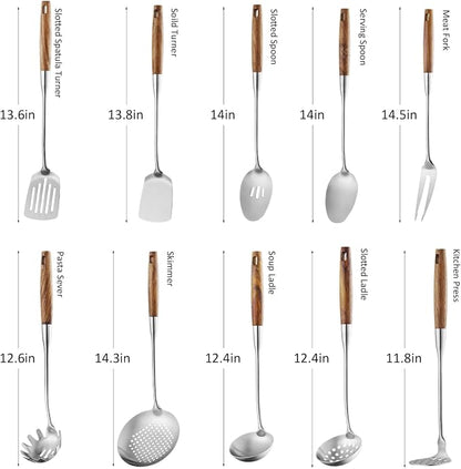 10 Pcs Cooking Utensils Set 304 Stainlss Steel Kitchen Utensils Set Heat Resistant Wooden Handle Kitchen Tools Metal Kitchen Utensil Soup Ladle Set, Dishwasher Safe