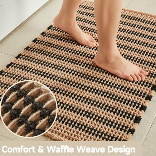 TYUU Waffle Runner Rug Bathroom, Long Boho Bath Mat, 60x24 Black & Khaki