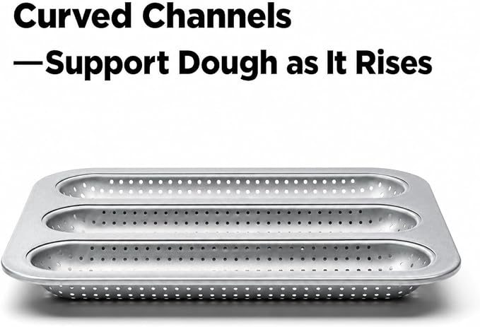 Metal Sub Roll & Hoagie Roll Baking Pan 12 inch, 3-Slot Perforated French Bread & Mini Baguette Pan, Nonstick Carbon Steel Bread Baking Tray for Homemade Subs & Sandwich Rolls