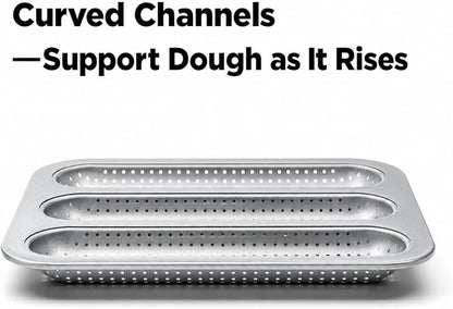 Metal Sub Roll & Hoagie Roll Baking Pan 12 inch, 3-Slot Perforated French Bread & Mini Baguette Pan, Nonstick Carbon Steel Bread Baking Tray for Homemade Subs & Sandwich Rolls