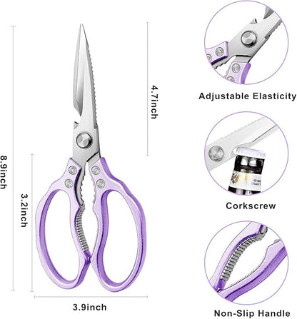 AWinjoy Heavy Duty Sharp Kitchen Scissors, Dishwasher Safe, Cooking Shears for Meat, Chicken, Fish, Poultry, Herb, Bread (Purple)