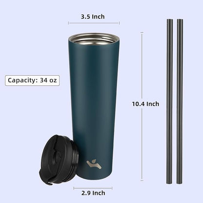Konokyo 34 OZ Insulated Tumbler with Lid and 2 Straws Stainless Steel Water Bottle Vacuum Travel Mug Coffee Cup,Black