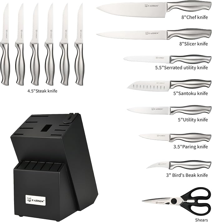 Knife Set, 15-Piece Kitchen Knife Block Sets with Built-in Sharpener, German Stainless Steel Knife Block Set, Dishwasher Safe