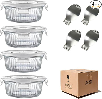 H.JSS WDJS 1.5 cup Round Glass Food Containers with Lids and Spoon, 12oz Small Glass Lunch Storage Containers, Small Round Meal Prep Bowls for Office, Outdoor. Microwave, Freezer, Dishwashe safe