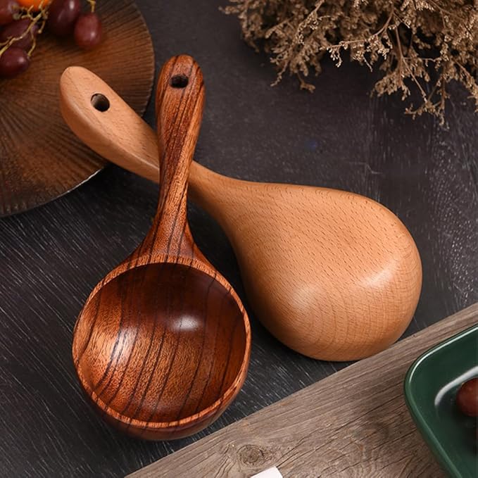 Beavorty Household Water Scoop 8.85In Wooden Handle Ergonomic Multi-Function Ladle for Kitchen Cooking Watering and Home Accessory