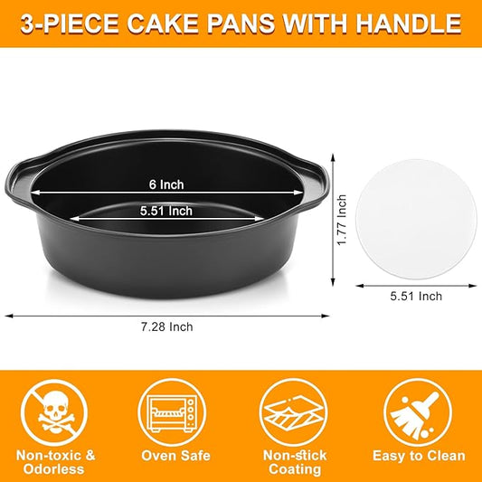 6 Inch Cake Pan - 3PCS Carbon Steel Round Cake Pans with 100 Pieces Parchment Paper, Non-stick & Easy Demolding, Non-toxic & Healthy