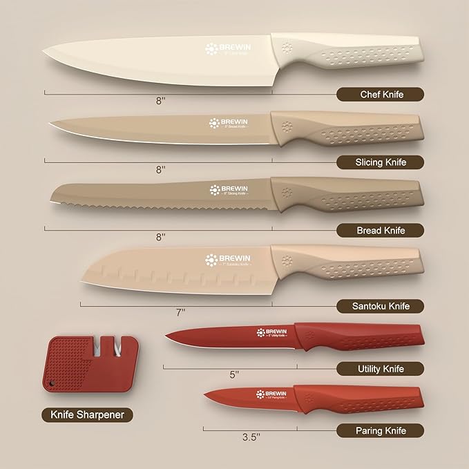 Brewin Knife set, 13 Pieces Kitchen Knives Set with Sharpener, Anti-Rust Coating and Blade Guard, Home Essentials, Camping Essentials - Muliticolor