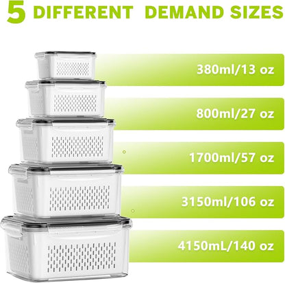 HOMETALL 5 Pack Fruit Storage Containers for Fridge, Plastic Fruit Containers for Fridge with Removable Colanders, Leakproof Fridge Organizers and Storage for Berry Vegetable Salad Lettuce Meat Food