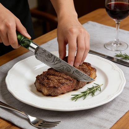 6-Piece Premium Japanese Kitchen Knife Set - Imperial Collection, Laser Damascus Pattern, 440A Stainless Steel Ultra Sharp for Fast Cutting (Green Steak Knife)