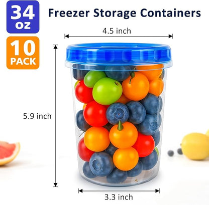 10 Pack 34oz Reusable Freezer Food Storage Containers with Twist Top Lids, Airtight Plastic Meal Prep Food Containers for Leftover Lunch Fruit Salad Oats, Clear Large Soup Container Microwave Safe
