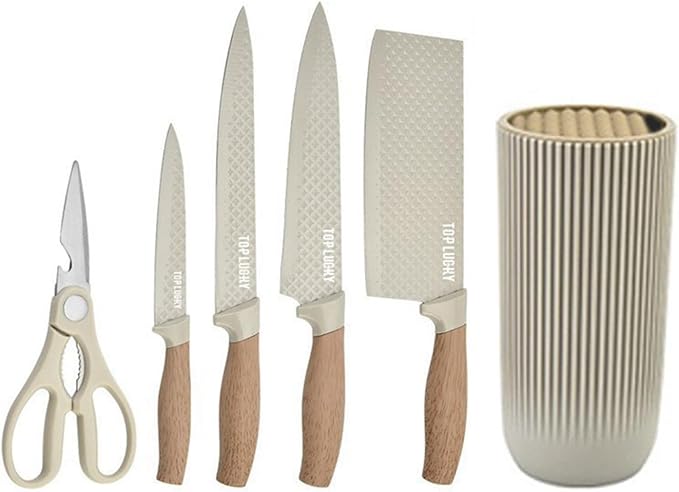 Kitchen Knife Set. 6-Pieces Luxury Wooden Coating, Light Wood Grain Handle, Stainless Steel Non-Stick Sharp Blade Chef Knife Set with Cylindrical Knife Block for Gift