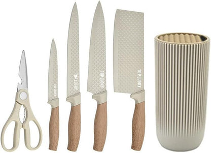 Kitchen Knife Set. 6-Pieces Luxury Wooden Coating, Light Wood Grain Handle, Stainless Steel Non-Stick Sharp Blade Chef Knife Set with Cylindrical Knife Block for Gift