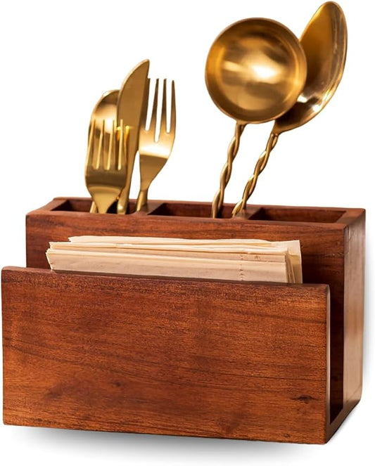 nestroots Silverware, Napkins & Spoon Holder, Acacia Wooden Utensil Caddy, Organizer Countertop, Cutlery Holder for Party, Fork, Knife Organizer (Brown 01)