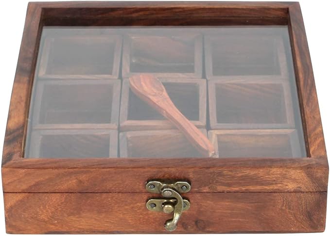 Ajuny Wooden Spice Box 9x9 Inch - Decorative Masala Dabba Organizer with Glass Lid, 9 Compartments & Spoon, Spice Storage Container, Ideal for Seasonings & Herbs, Perfect for Gift