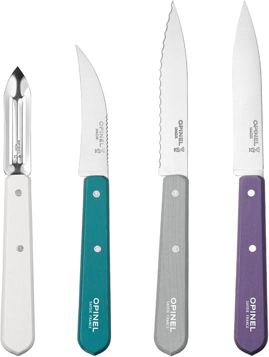 OPINEL Les Essentials - Small Kitchen 4 Piece Knife Set - Paring, Serrated, Peeler, Vegetable Knife, Corrosion Resistant High Carbon Steel, Made in France (Art Deco)