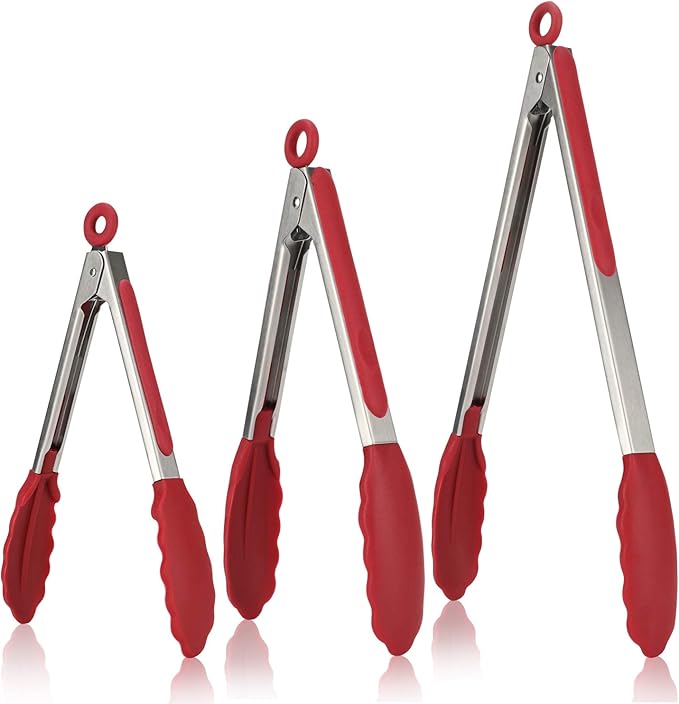 Kitchen Tongs, U-Taste 7/9/12 inches Cooking Tongs, with 600ºF High Heat-Resistant Non-Stick Silicone Tips, 18/8 Stainless Steel Handle, for Food Grill, Salad, BBQ, Frying, Serving, Pack of 3(Red)