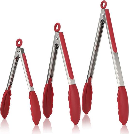 Kitchen Tongs, U-Taste 7/9/12 inches Cooking Tongs, with 600ºF High Heat-Resistant Non-Stick Silicone Tips, 18/8 Stainless Steel Handle, for Food Grill, Salad, BBQ, Frying, Serving, Pack of 3(Red)