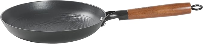 Babish 9.5 Inch Cast Iron Skillet with Wooden Handle, Pre-Seasoned Nonstick Pan with Honeycomb Textured Cooking Surface, Induction Oven Safe Skillet for Searing, Frying Eggs, Steak and Stir Fry