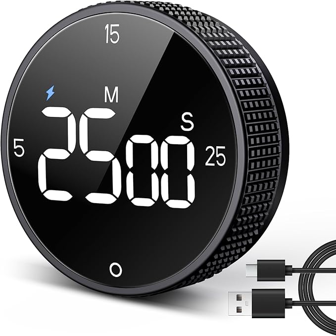 USB Rechargeable Magnetic Kitchen Timer for Cooking, Building 800mAh Battery Large Display Digital Countdown Countup Timer, 3 Preset 5/15/25 Mins Loud Alarm for Baking Grilling Studying