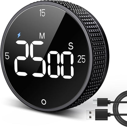USB Rechargeable Magnetic Kitchen Timer for Cooking, Building 800mAh Battery Large Display Digital Countdown Countup Timer, 3 Preset 5/15/25 Mins Loud Alarm for Baking Grilling Studying