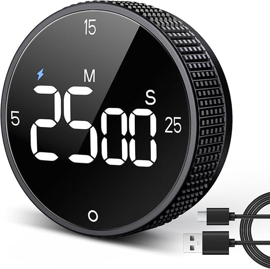 USB Rechargeable Magnetic Kitchen Timer for Cooking, Building 800mAh Battery Large Display Digital Countdown Countup Timer, 3 Preset 5/15/25 Mins Loud Alarm for Baking Grilling Studying