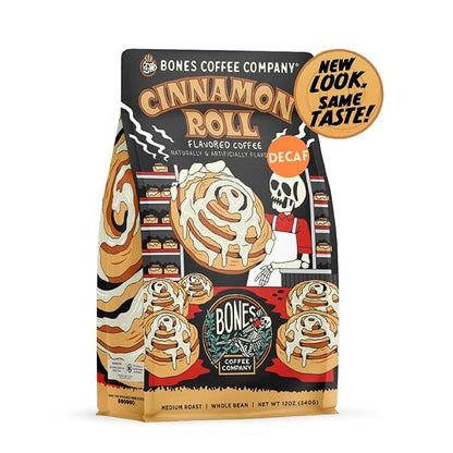 Bones Coffee Company Decaf Cinnamon Roll Decaffeinated Flavored Coffee, Medium Roast Low Acid Arabica Beans Compatible with Auto drip and French Press Coffee Maker, 12 Oz Whole Bean