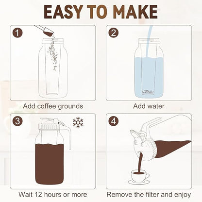 OneDream Cold Brew Coffee Maker, 2 Pack 64oz Stainless Steel Filter Cold Brew Pitcher Jar, No Leaks Cold Brew Mason Jar Coffee Maker, Easy to Clean Cold Coffee Maker