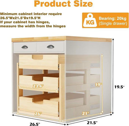 Pull Out Cabinet Organizer, 26''W×21''D Sliding Drawers for Cabinets, 3 Tier Soft Close Slide Out Wooden Pull out Drawers, Base Cabinet Organization for Kitchen, Pantry, Bathroom.