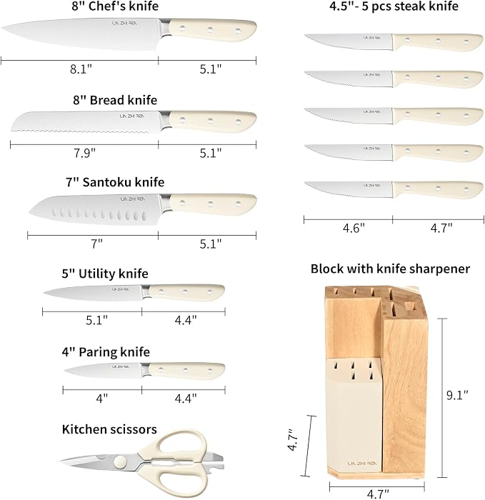Kitchen Knife Set, 13 Pieces German Stainless Steel Knife Block Set for Chopping, Professional Chef Knife, Lightweight, Black Anti-slip Handle, Dishwasher Safe（white）