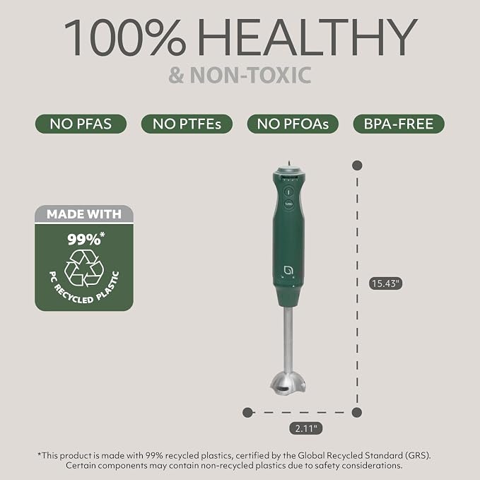 WILLOW Eco Series 5 Speed Immersion Blender Handheld, Powerful yet Quiet 500 Watt Electric Stick Blender with Turbo Mode & Removable Base, Hand Blender for Soup, Smoothie, 304 Stainless Steel - GREEN
