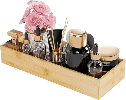 Bathroom Vanity Tray Organizer Bamboo, Small Wood Tray for Counter Kicthen Drawer, Rectangular Toilet Paper Storage Basket Box, Guest Sink Tray Decor, Bathroom Accessories 15" x 6" x 2.5"